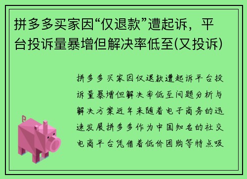 拼多多买家因“仅退款”遭起诉，平台投诉量暴增但解决率低至(又投诉)